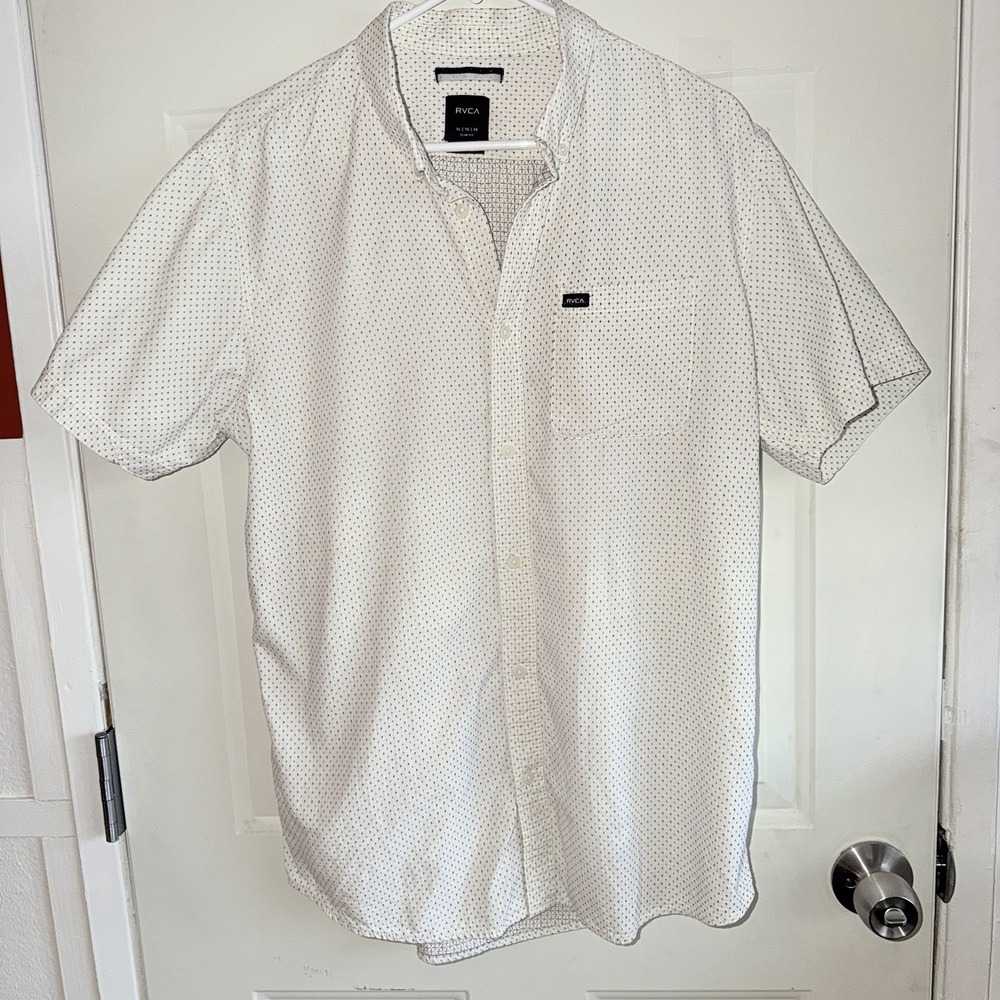 RVCA Men's XL Slim Fit Short Sleeve Button Up Shirt White Geometric Print